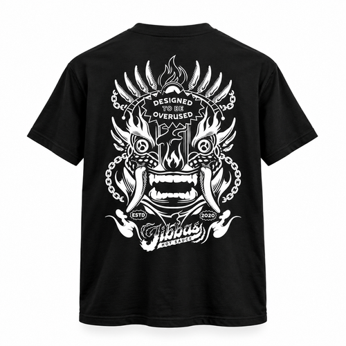 Aztec Mask T-Shirt back, full Aztec mask screen print with Designed to be Overused