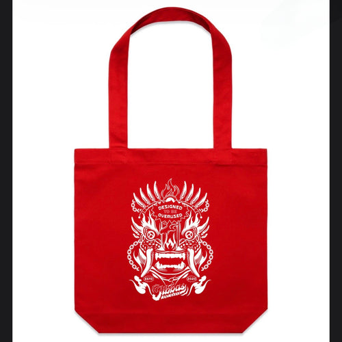 Aztec Mask Tote Bag in red with white Aztec mask screen print