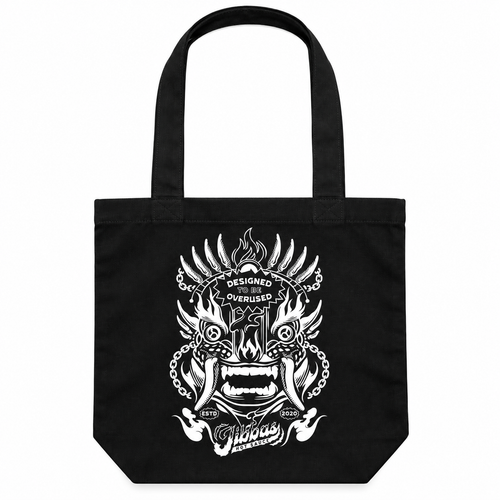 Aztec Mask Tote Bag in black with white Aztec mask screen print