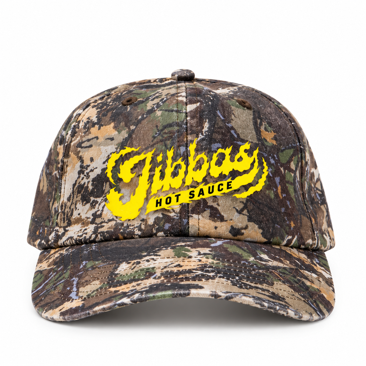 Camo Logo Hat with yellow embroidered Jibba's Hot Sauce logo