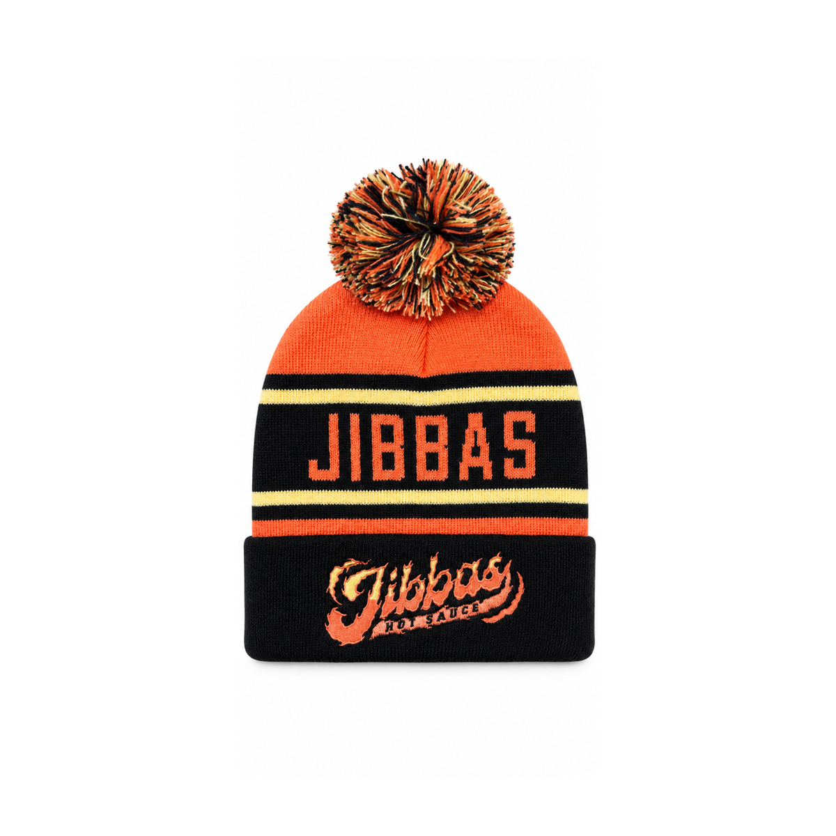 JHS Pom Pom Beanie in orange and black with Jibbas knit and embroidered logo cuff