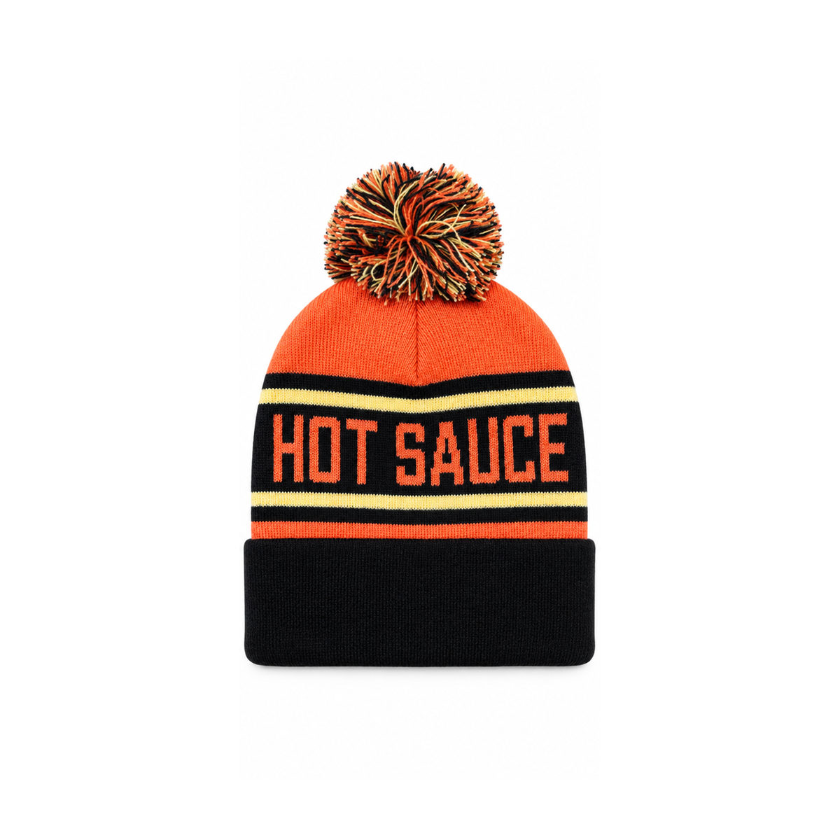 JHS Pom Pom Beanie back with Hot Sauce knit
