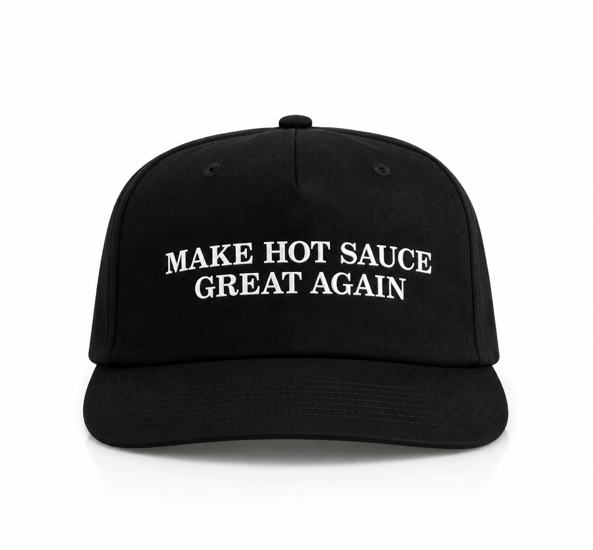 Black snapback with Make Hot Sauce Great Again embroidered on the front