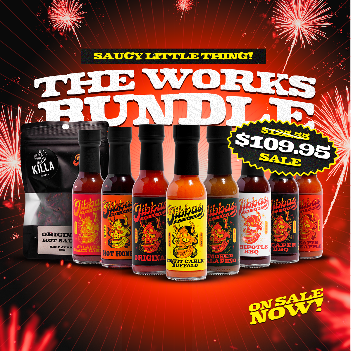 The Works Bundle: eight Jibba's hot sauces and Original beef jerky, $109.95