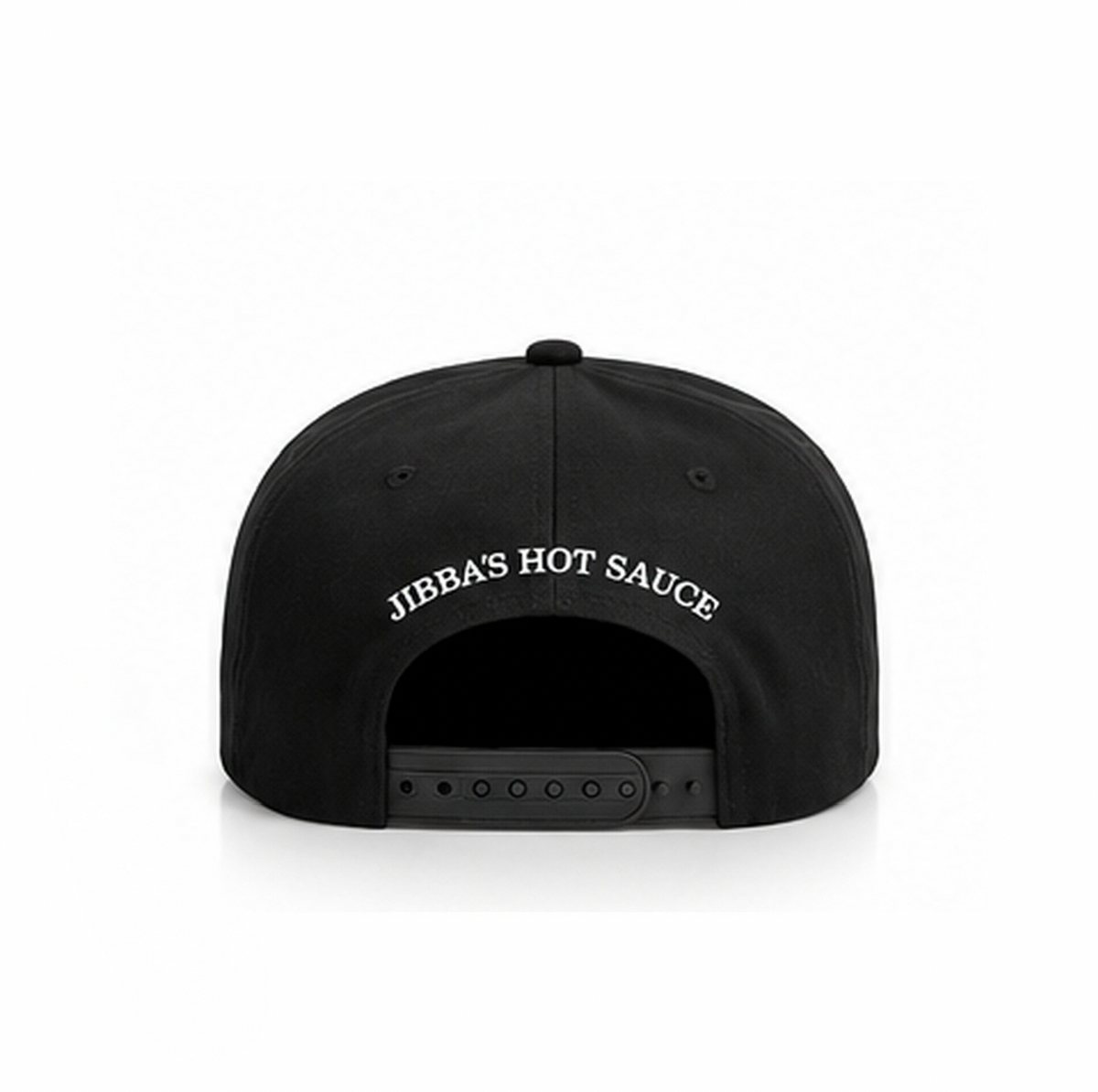 Back of black Jibba's cap with Jibba's Hot Sauce embroidery